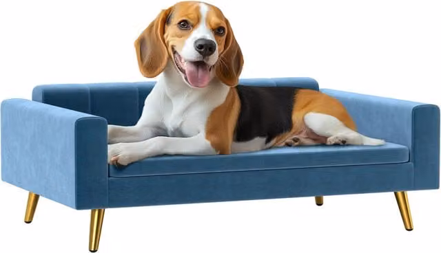 Letto imbottito per cani Zephmum in velluto blu con dettagli in metallo dorato L: 94 cm, P: 60 cm, H: 32 cm