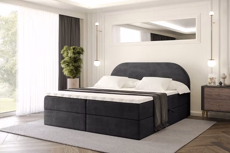 Letto boxspring ALTDECOR con materasso e rete a doghe, topper, letto imbottito con contenitore, letto con spazio contenitivo e materasso H3, letto matrimoniale, letto a cassettoni - NOX - 140x200 - Nero Casablanca