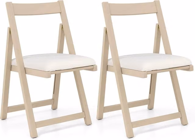 Set di 2 sedie pieghevoli Costway in legno di gomma con schienale curvo e seduta imbottita in tessuto beige per cucina e soggiorno