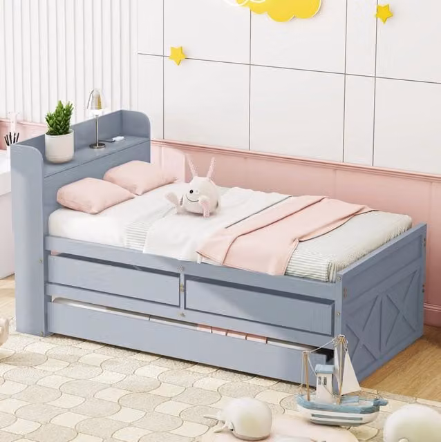 Letto 90x190 cm con cassetti; letto estraibile e USB in legno grigio