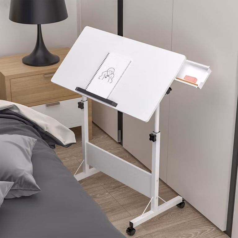 Scrivania pieghevole per computer con rotelle, dimensioni 80x40 cm, altezza regolabile da 64 a 89 cm, colore bianco