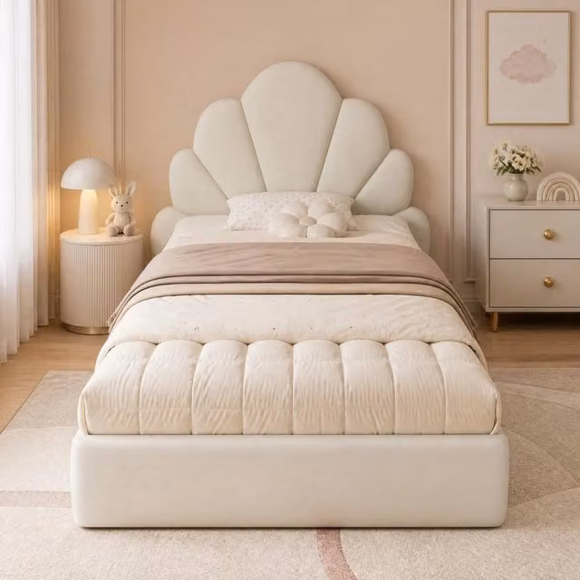 Letto singolo imbottito 90 × 200 cm con testiera a petali in velluto beige rete a doghe e tavolini laterali