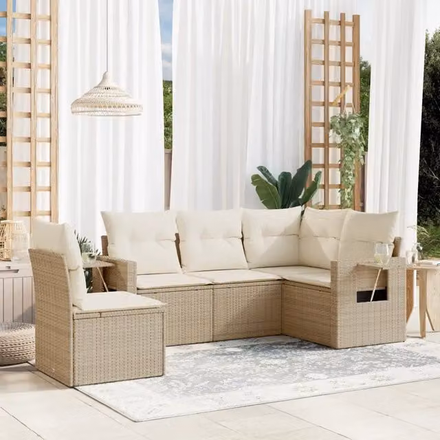 Set Divano da Giardino a L vidaXL in Polyrattan con Cuscini Beige e Tavolino da Esterno – 1