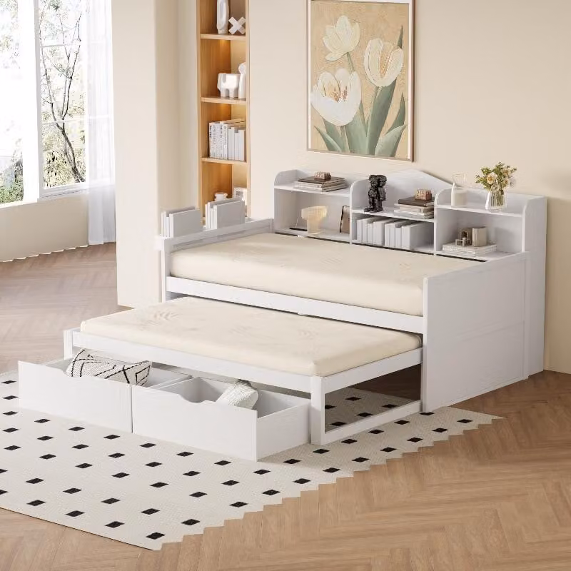 Divano letto 90x200 cm in legno bianco, con letto estraibile 90x190 cm, 2 cassetti, vano contenitore e presa USB, ideale per la camera degli ospiti