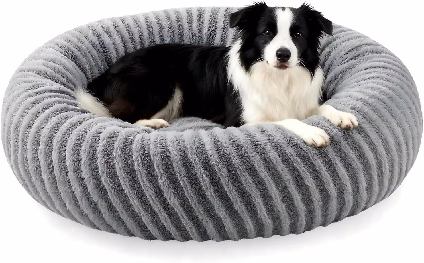 Cuccia per cani Pawk, adatta a cani di taglia media, a forma di ciambella, lavabile, morbida e confortevole. Realizzata in peluche di coniglio e pile, antiscivolo