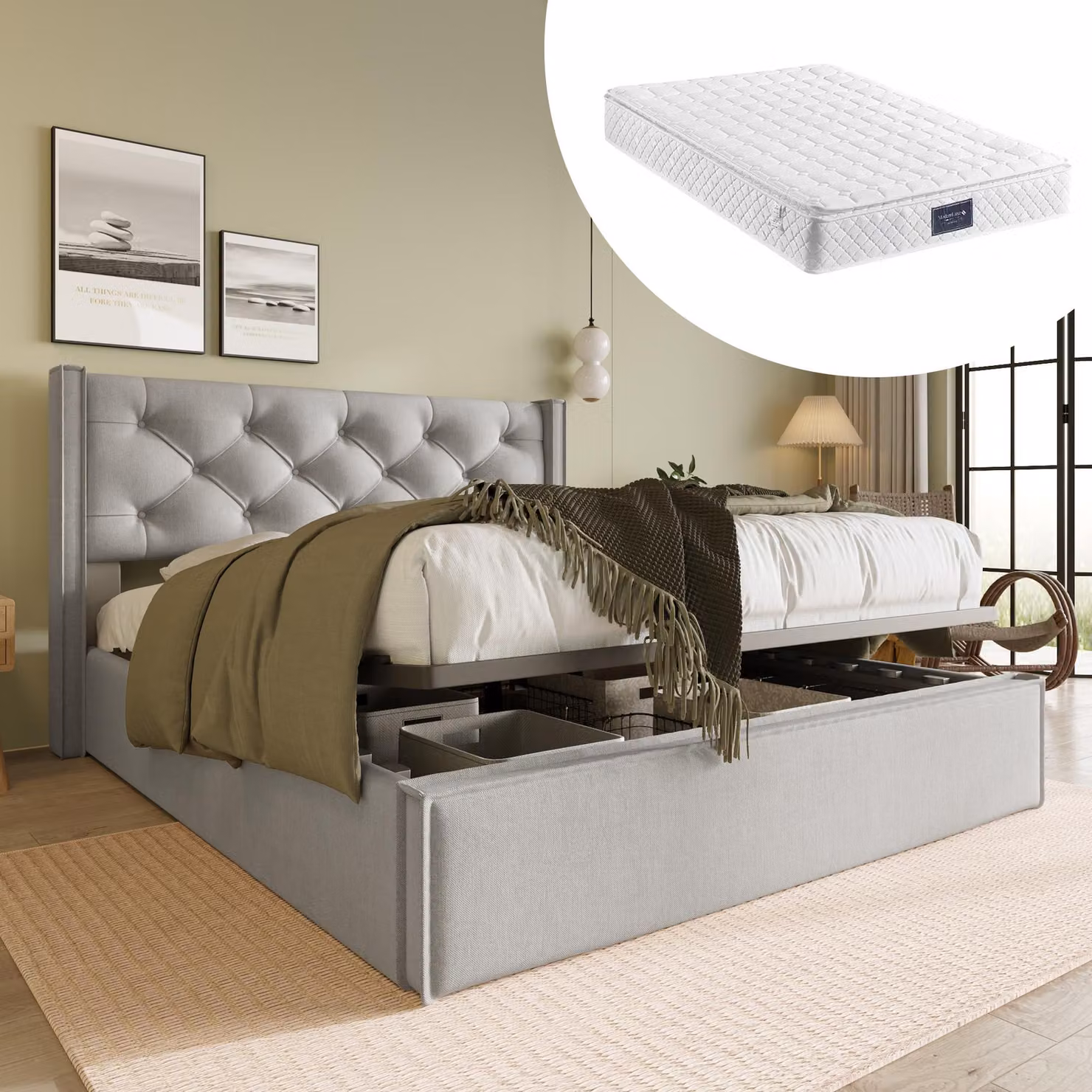 Letto matrimoniale idraulico imbottito, 140x200 cm, con rete a doghe in struttura metallica, moderno letto con spazio contenitore, rivestito in cotone