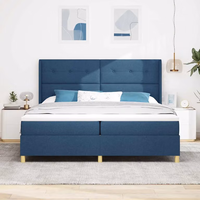 Letto a molle con testiera vidaXL in tessuto blu e dettagli oro, L/P/H: 200 x 200 x 128 cm