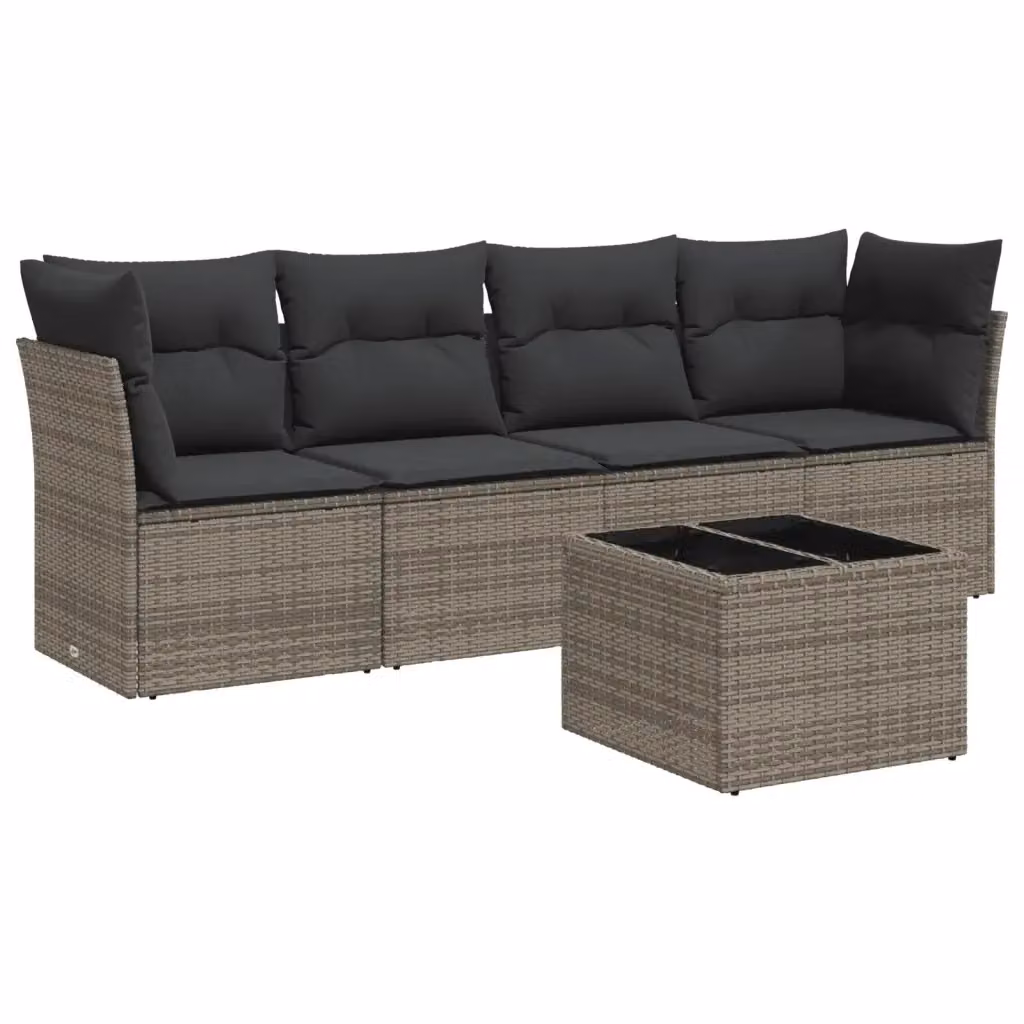 vidaXL Set Divano da Giardino 5 pz in Polyrattan Grigio con Cuscini e Tavolino da Esterno – 2