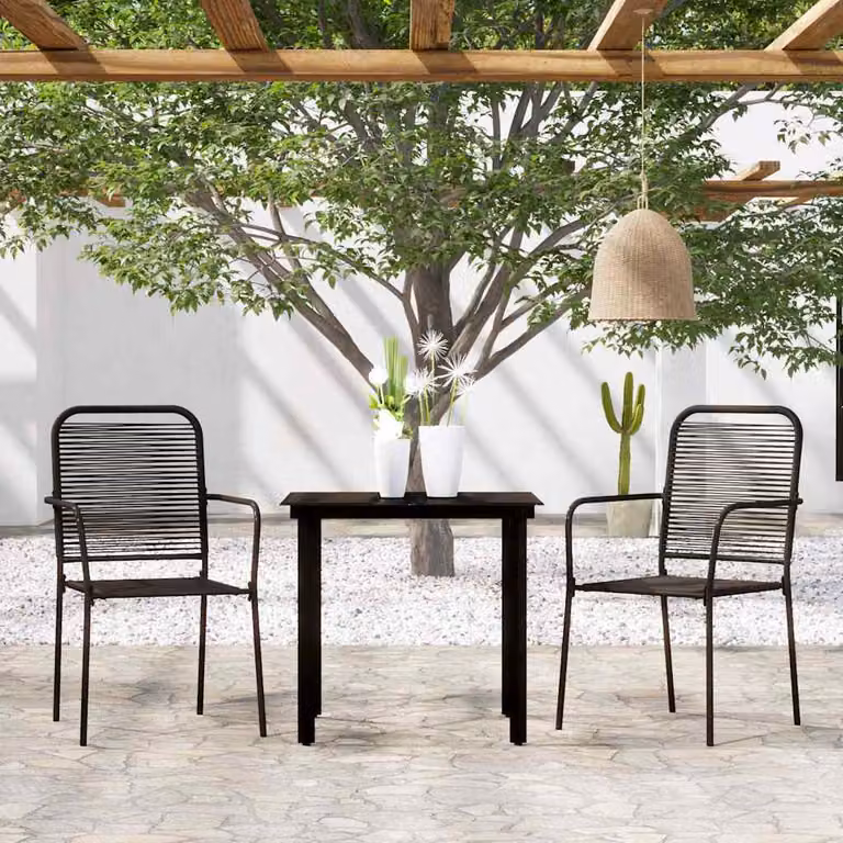 Set da pranzo moderno vidaXL in acciaio verniciato nero e vetro per giardino e terrazza, 3 pezzi