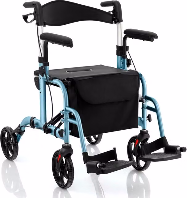 Deambulatore 2-in-1 con ausilio per camminare pieghevole e sedile grande, Deambulatore porta ombrello e borsa per persone con disabilit¨¤ Blu