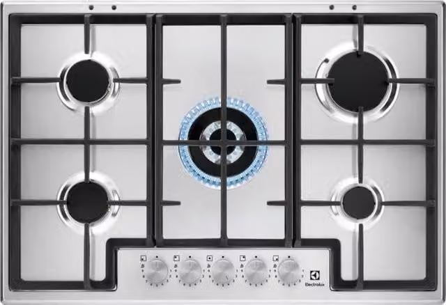Piano cottura a gas Electrolux EGS75362X Serie 300 da 75 cm con 5 fuochi, griglie in ghisa, colore silver e finitura in acciaio inox