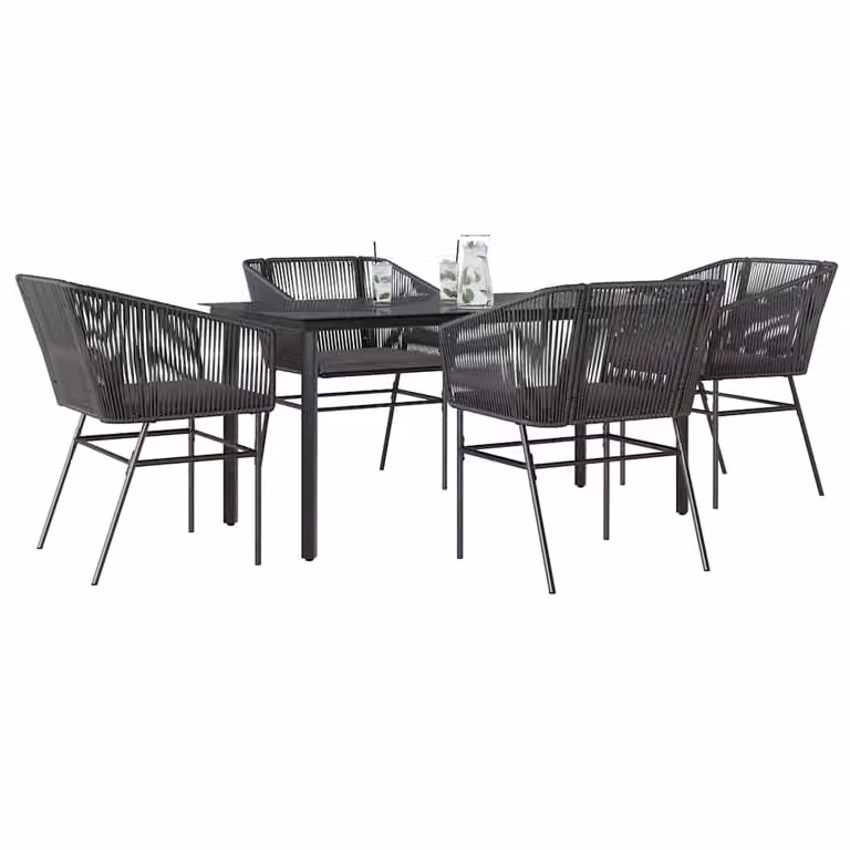 Set da pranzo da giardino vidaXL in polyrattan con tavolo in vetro e 5 cuscini, grigio e nero