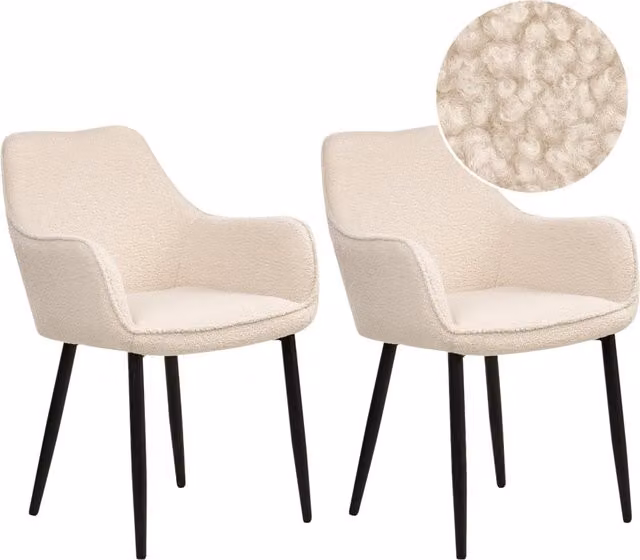 Set di 2 sedie da pranzo BELIANI in tessuto boucle beige con braccioli e struttura in metallo nero opaco per cucina e sala da pranzo