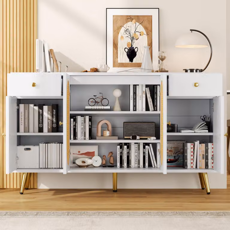 okwish Comò / credenza con cassetti e diversi scomparti, mobile da soggiorno con maniglie dorate e gambe in metallo, sideboard con ripiani regolabili, bianco