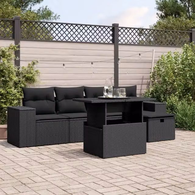 Set Divano da Giardino 6 pz con Cuscini Nero in Polyrattan 3275285