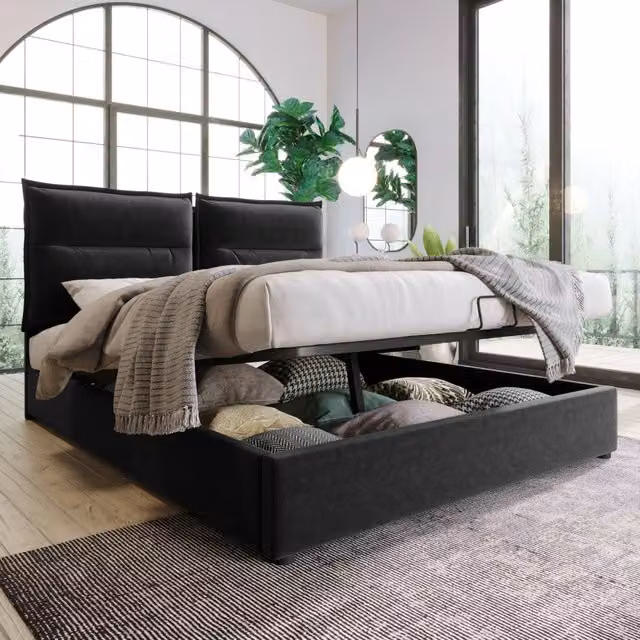 Letto matrimoniale contenitore 140×200 cm con testiera regolabile, vano sollevabile, senza materasso, velluto nero