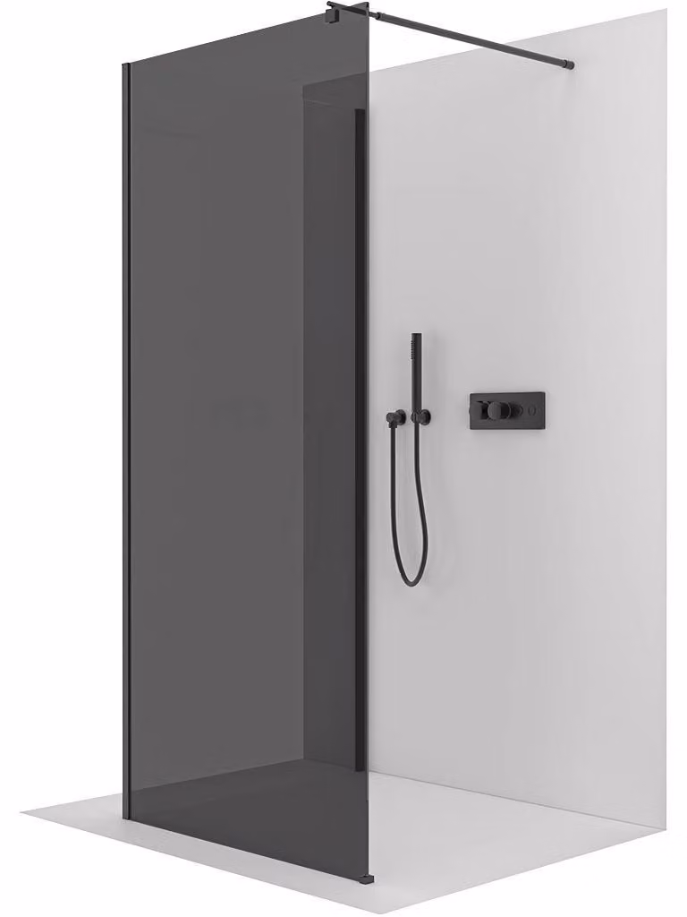 CERANO - Box doccia Walk-in Onyx Corner Round L/P - 8 mm - montante arrotondato - nero opaco, vetro grafite - 110x90x200 cm