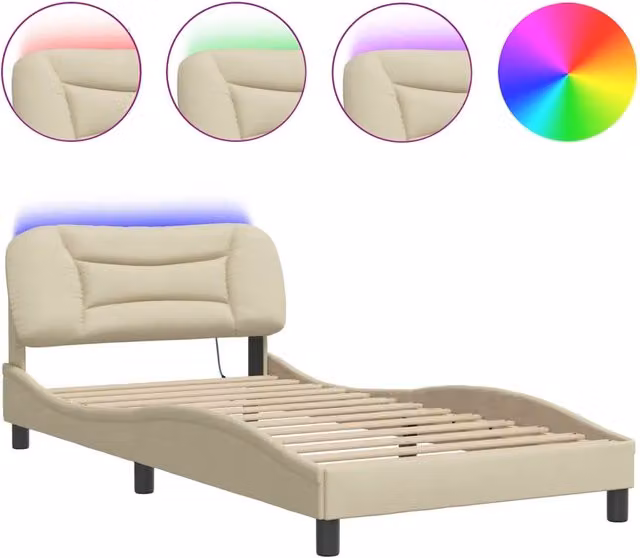 Letto singolo | Letto per adulti | Giroletto con LED senza Materasso Hvar Crema 100x200 cm in Tessuto