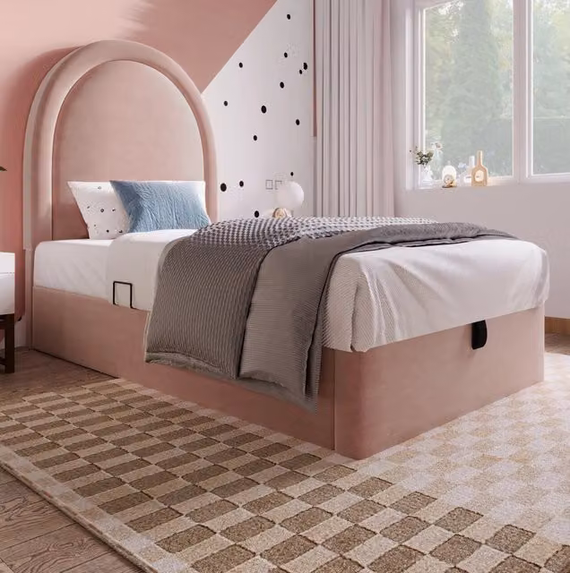 Letto singolo ULEVR 90x200 cm con contenitore idraulico e rete a doghe, velluto rosa per cameretta
