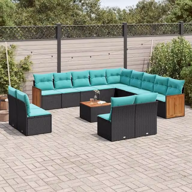Set di divani da giardino a forma di U vidaXL in polyrattan nero con cuscini blu e turchesi