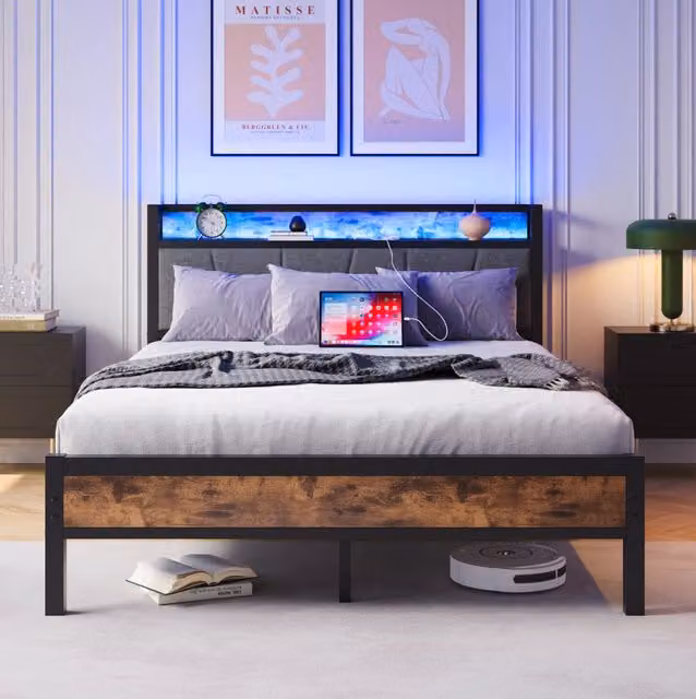 Letto con rete 120x200 cm con testiera contenitore; LED; USB e presa; MDF e metallo marrone antico