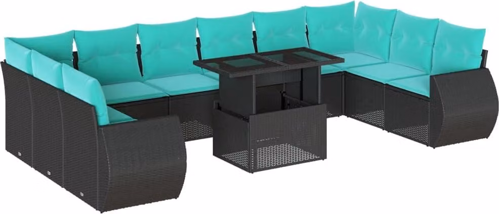 set di divani da giardino da 11 pezzi con cuscini, in polyrattan nero