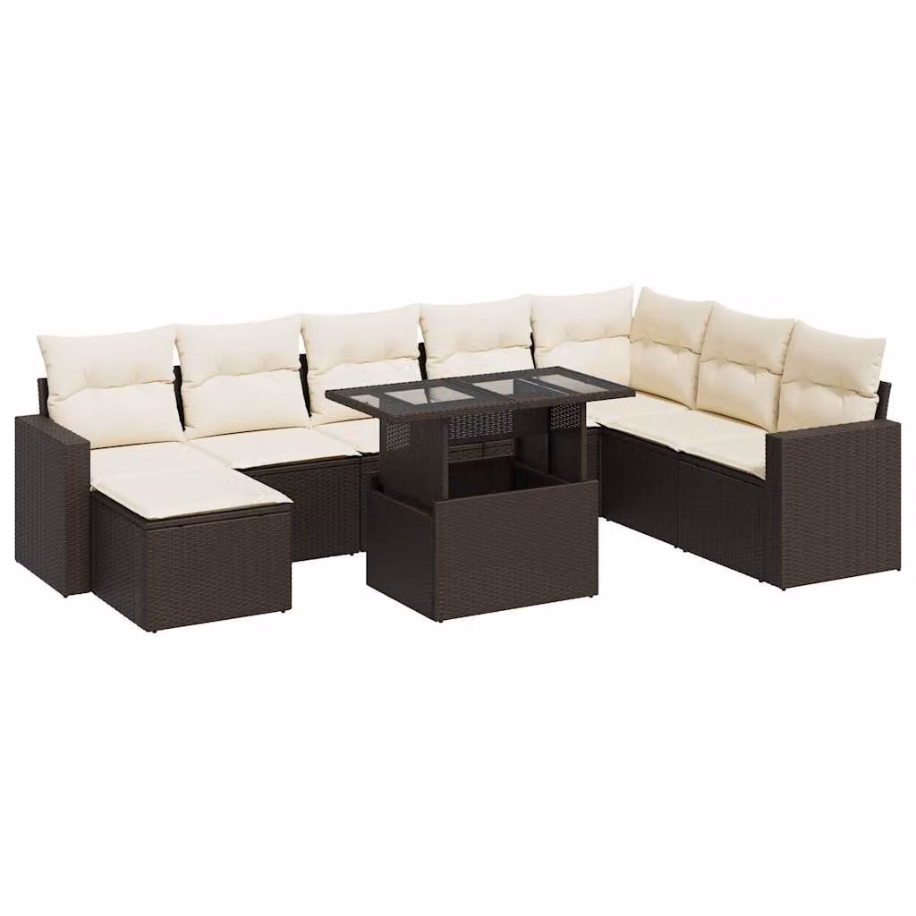Set Divani da Giardino 9pz con Cuscini Marrone in Polyrattan
