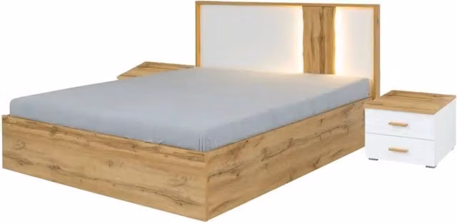 Pack letto WOOD 180 x 200 cm con LED e 2 comodini – Bianco e rovere – Set camera da letto design