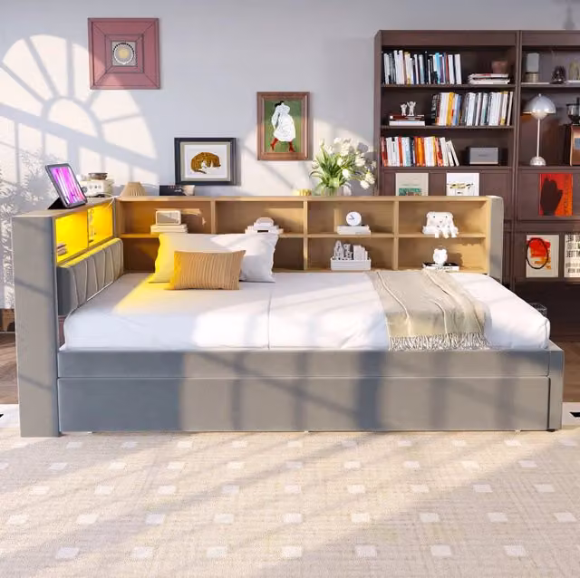 Divano letto multifunzione con letto estraibile 90x200 cm; LED; contenitori; grigio scuro