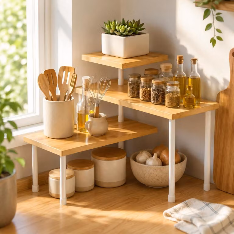 Ripiano per cucina, piano di lavoro, 3 livelli, scaffale angolare, aspetto legno chiaro