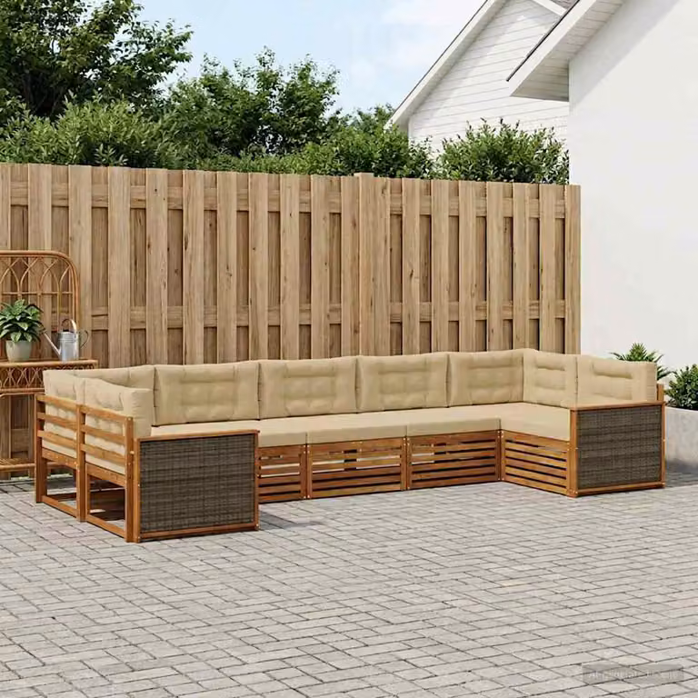 Set di divani da esterno vidaXL a forma di U composto da 7 pezzi in legno di acacia con cuscini beige e marrone