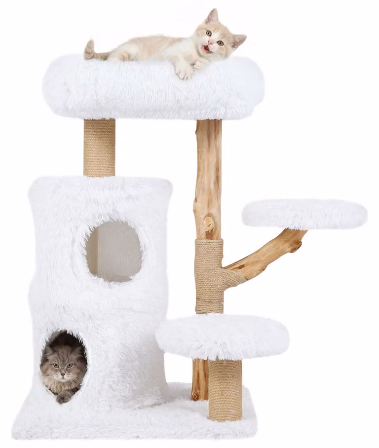 FANTASK, tiragraffi in legno per gatti, 93 cm di altezza, con cuccia a 2 piani e piattaforma rivestita in peluche