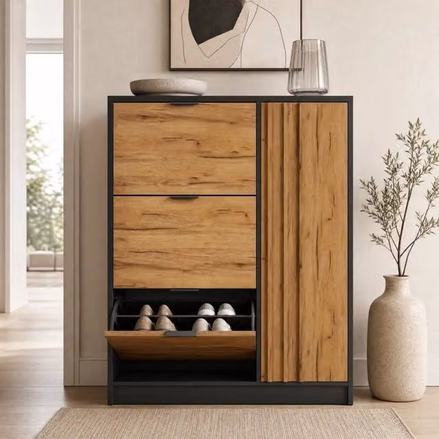 Scarpiera moderna REDOM in MDF con 3 ribalte e 1 anta, colore marrone e nero, L: 100 cm, P: 30 cm, H: 130 cm