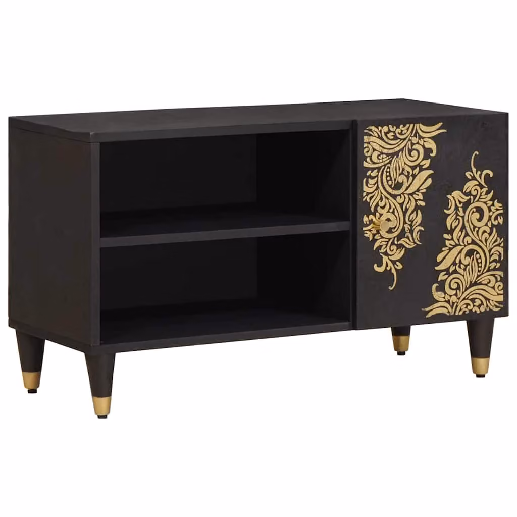 Carrello TV mobile vidaXL in legno di mango massiccio e metallo, Nero e Marrone, L 80 cm x P 33 cm x H 46 cm