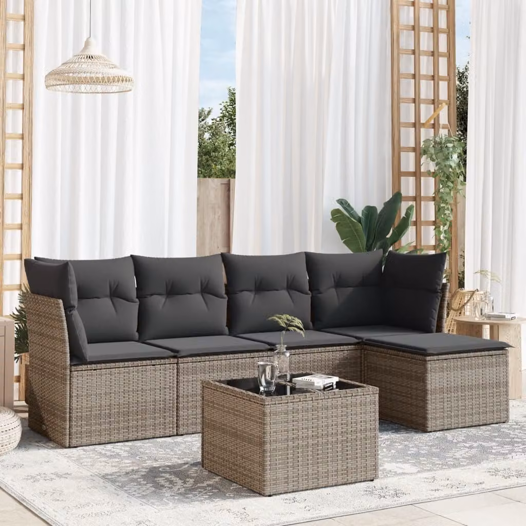 vidaXL Set Divano da Giardino 6 pz a L in Polyrattan Grigio con Cuscini e Tavolino – 1
