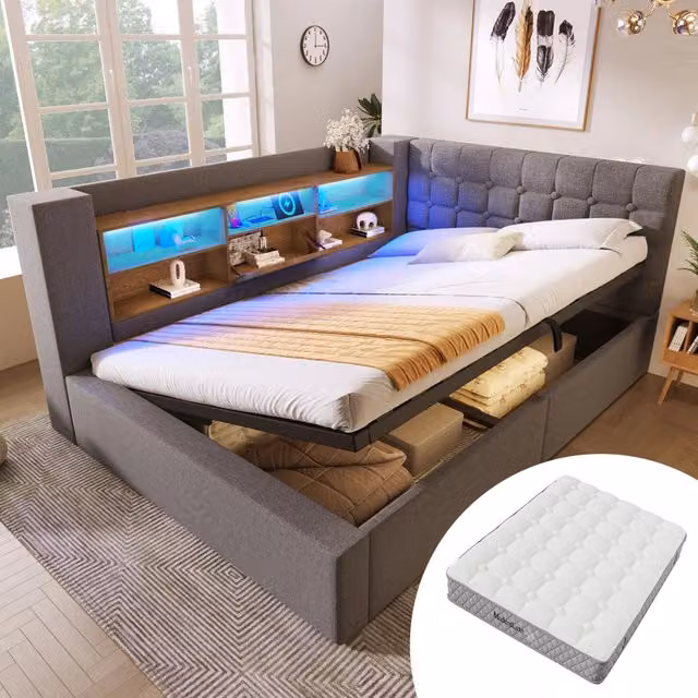 Letto imbottito 140x200 cm matrimoniale con LED, contenitore idraulico, testiera a L, montabile sui 2 lati, doghe, lino, Grigio (Con materasso)
