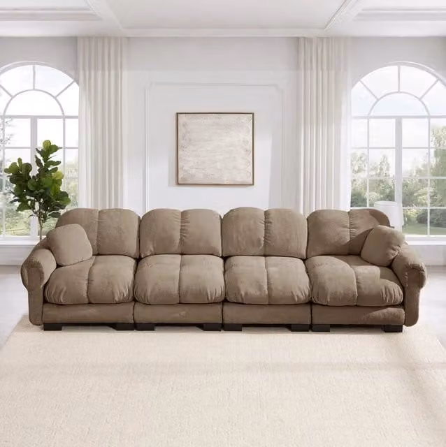 Divano modulare a L MODFU in tessuto marrone con cuscini, design moderno per il tuo soggiorno, L 330 x P 86 x H 90 cm