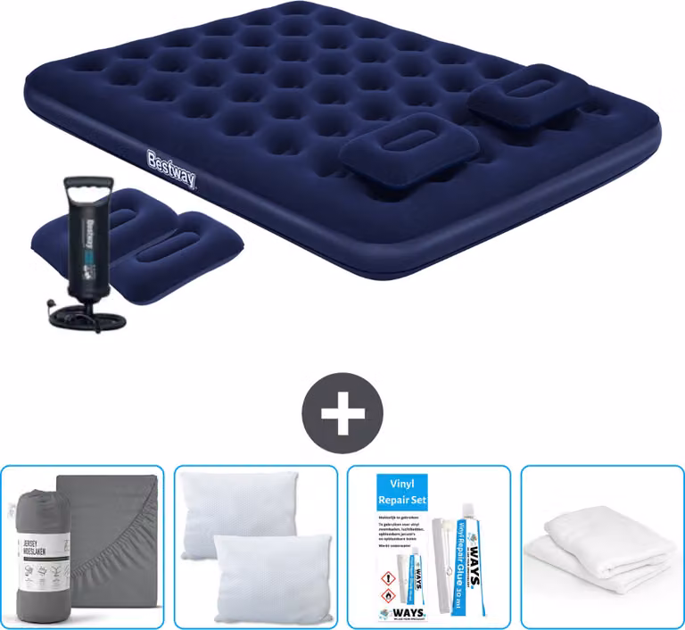 Materasso ad aria Bestway - 2 persone - 152 x 203 x 22 cm - Blu - Pompa a mano inclusa - Cuscini - Accessori