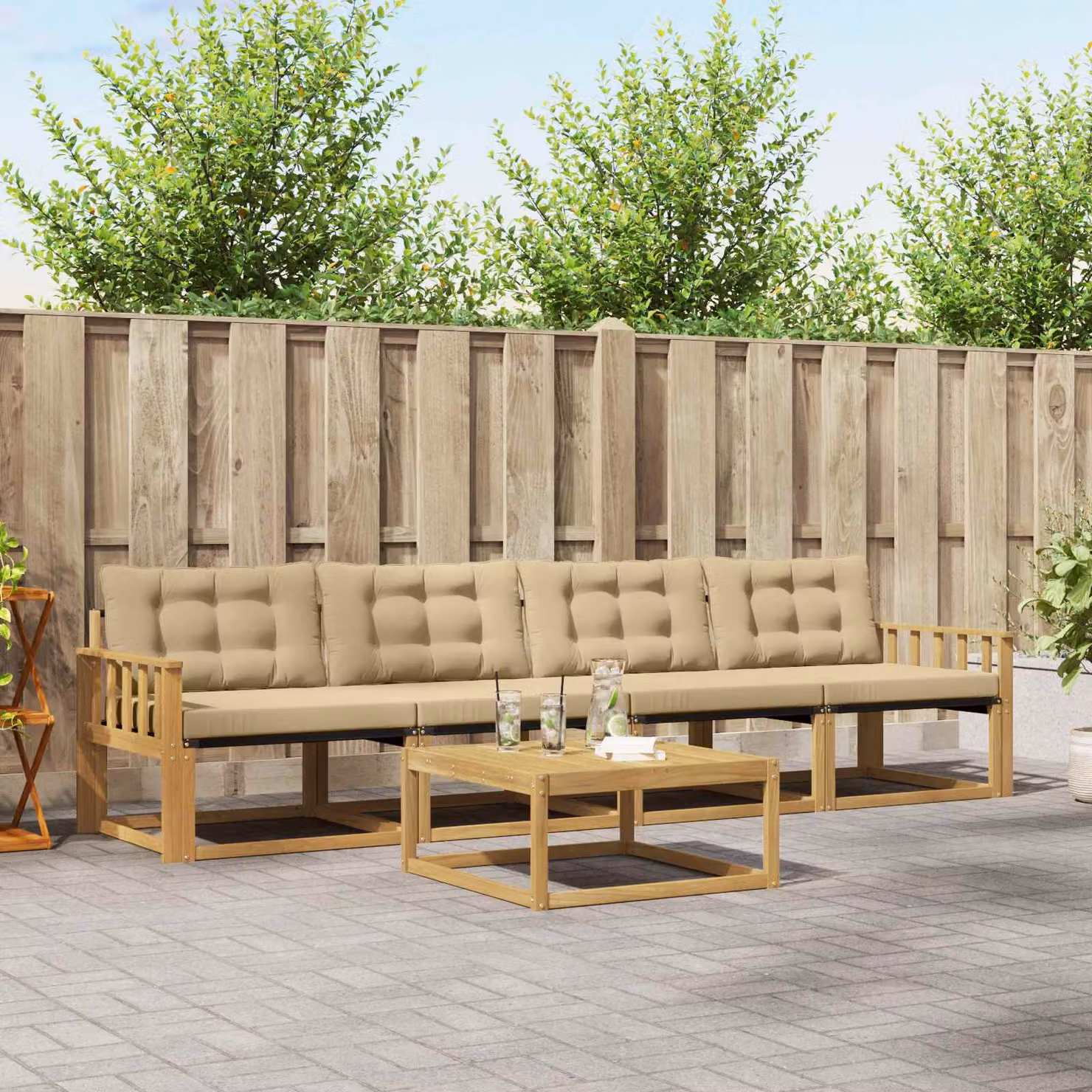 vidaXL Set di divani da esterno 5 pezzi in legno di acacia con cuscini, Bianco, Beige e Marrone
