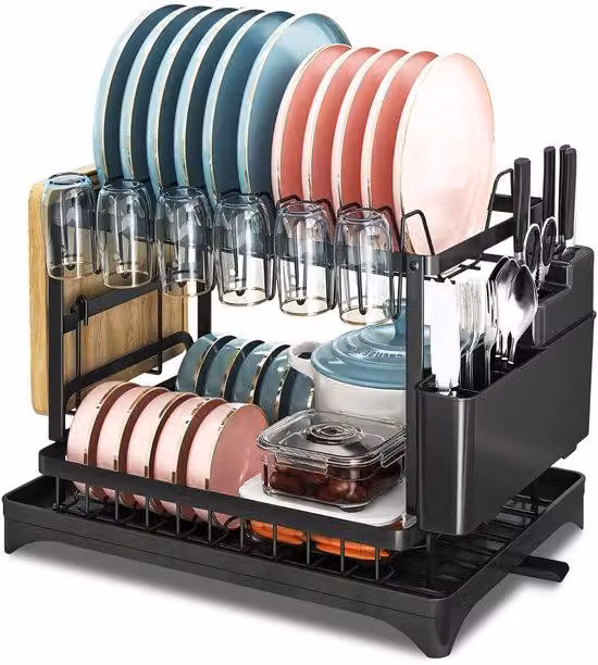 Scolapiatti compatto a due ripiani con sistema di drenaggio
