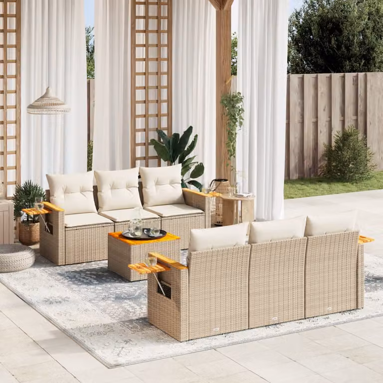 Set di divani da giardino vidaXL in polyrattan beige con cuscini e tavolino da esterno 7 pezzi