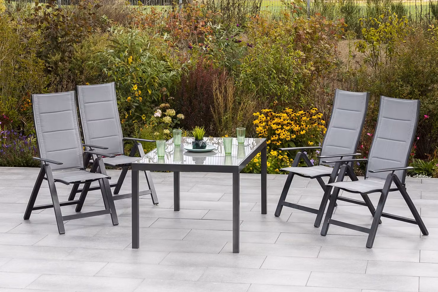 Set di mobili da giardino Merxx "Florenz" da 5 pezzi con tavolo 150 x 90 cm - Struttura in alluminio color grafite con rivestimento in tessuto grigio