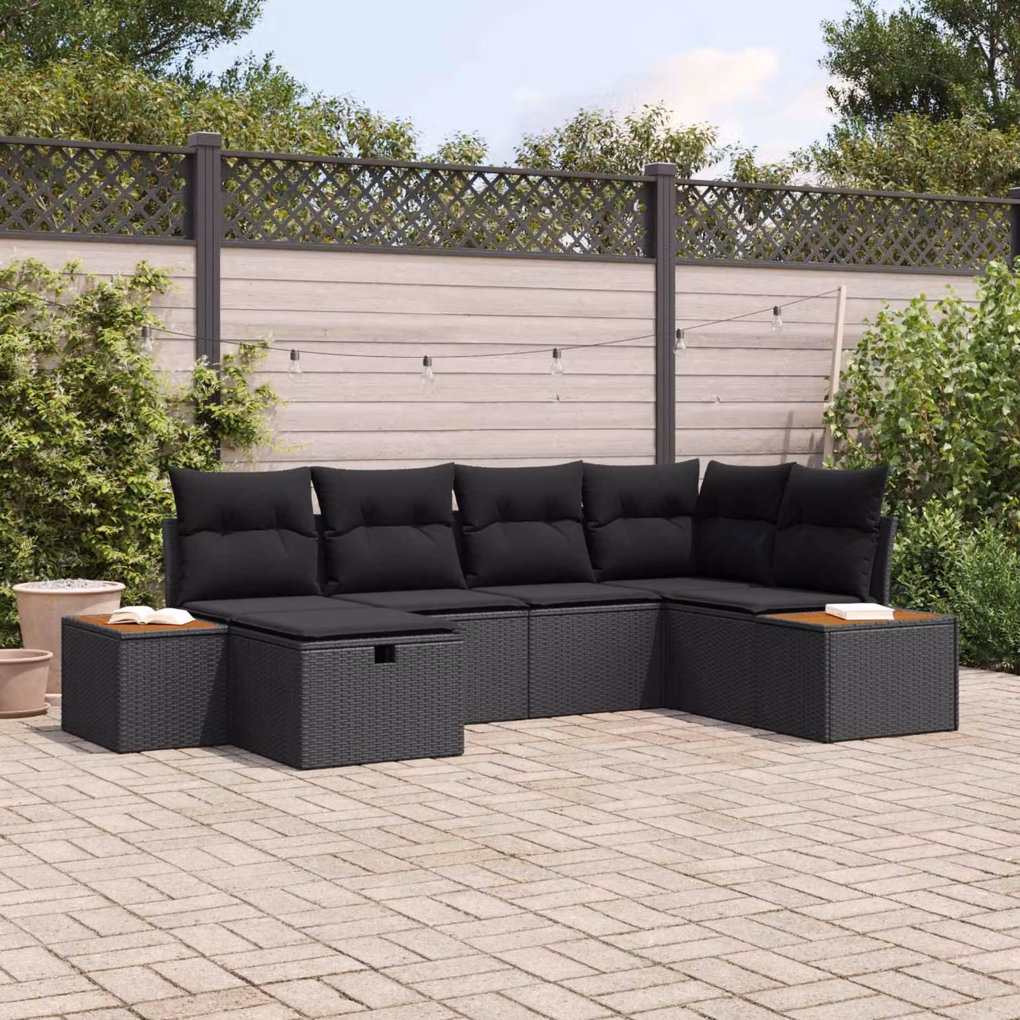 Set Divano da Giardino Moderno vidaXL con Cuscini e Ottoman Nero in Polyrattan e Metallo – 1