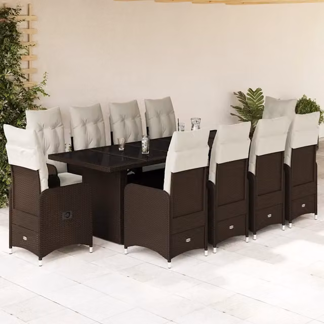Set Bistrò da Giardino vidaXL 11 pz in Polyrattan Marrone e Bianco con Cuscini e Tavolo in Vetro