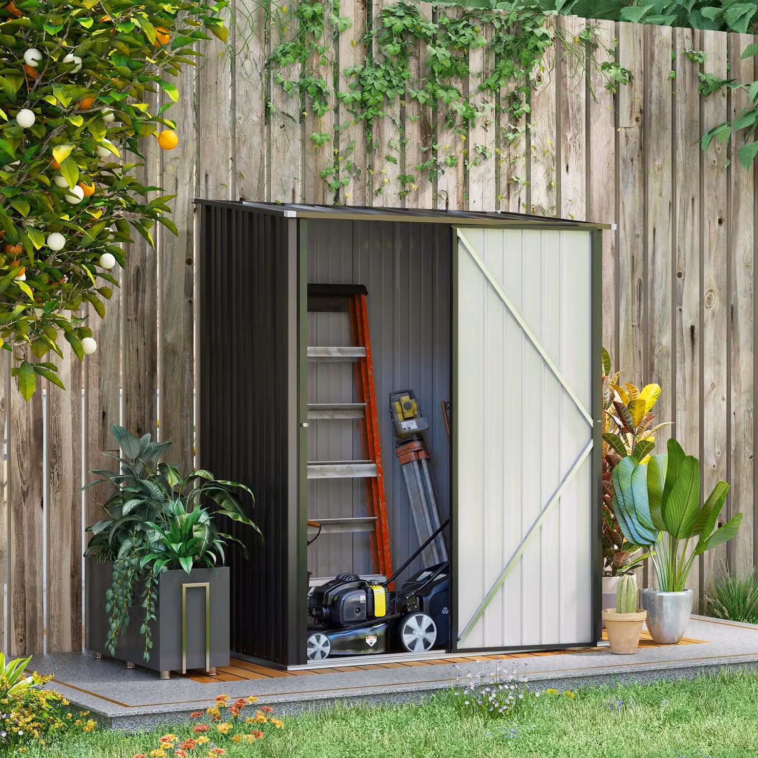 okwish Casetta per attrezzi da giardino Outsunny con struttura in lamiera d'acciaio ondulata e porta con serratura, nera