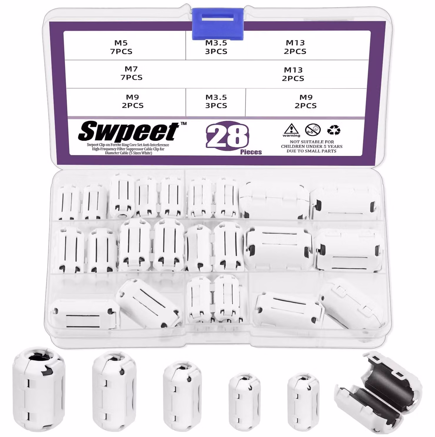 Set di anelli ferromagnetici a clip, 28 pezzi, 5 dimensioni, colore bianco, per cavi da 3,5 a 13 mm