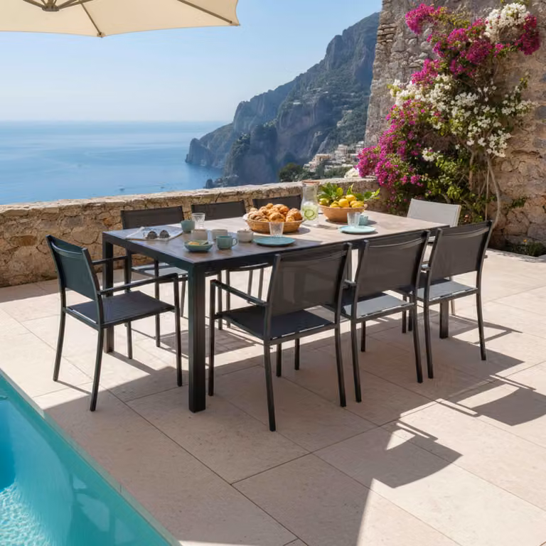 Set di tavoli da giardino alluminio effetto legno e 8 poltrone grigio - Oviala Tivoli
