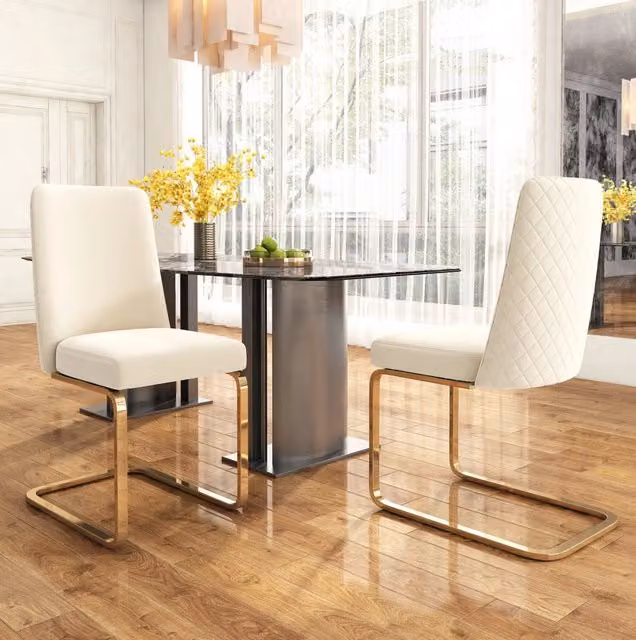 Set di 2 sedie da pranzo in velluto beige con schienale a rombi e gambe in metallo