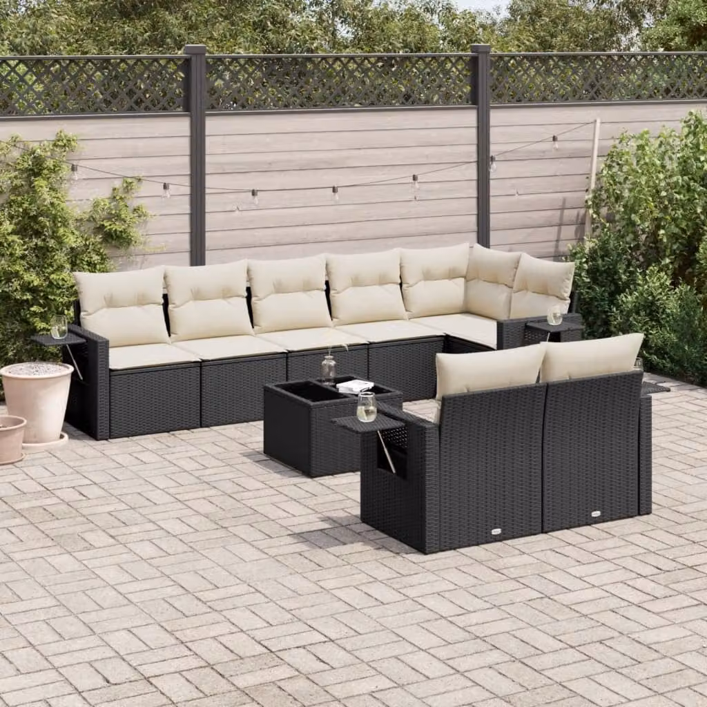 vidaXL Set Divani da Giardino 9 pz in Polyrattan Nero con Cuscini e Tavolino da Esterno – 1