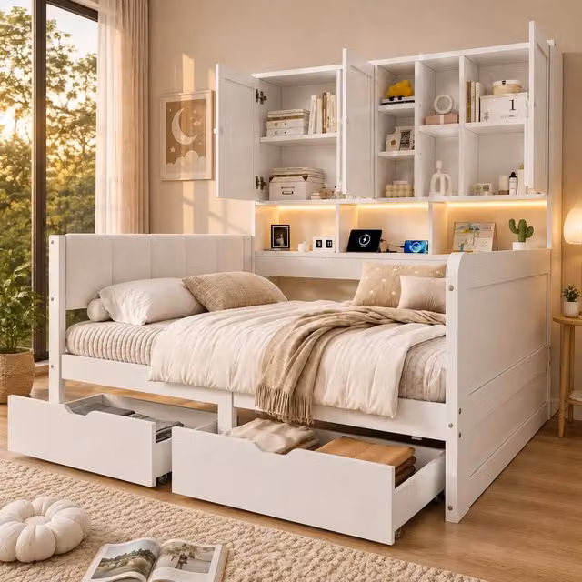 Letto bambino contenitore 90x200 ¨C Minimal ¨C bianco legno con led usb cassetti testiera similpelle